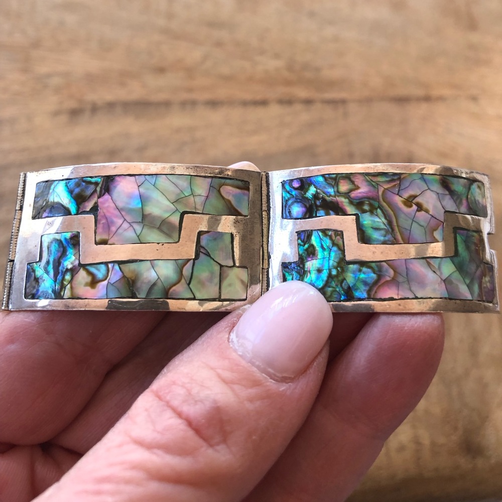 925 sterling silver & abalone gorgeous hinged link bracelet made in Mexico - Picture 12 of 16